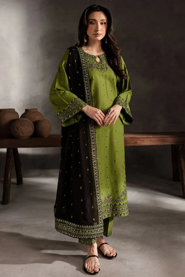 Green Embroidered Linen 3-Piece Suit for Women