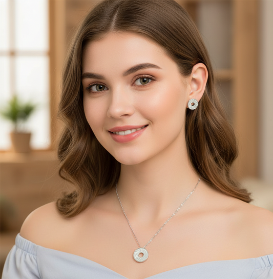 Elegant Halo Round Pendant & Stud Set