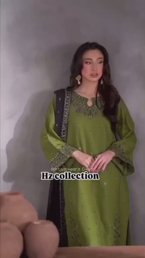 Green Embroidered Linen 3-Piece Suit for Women